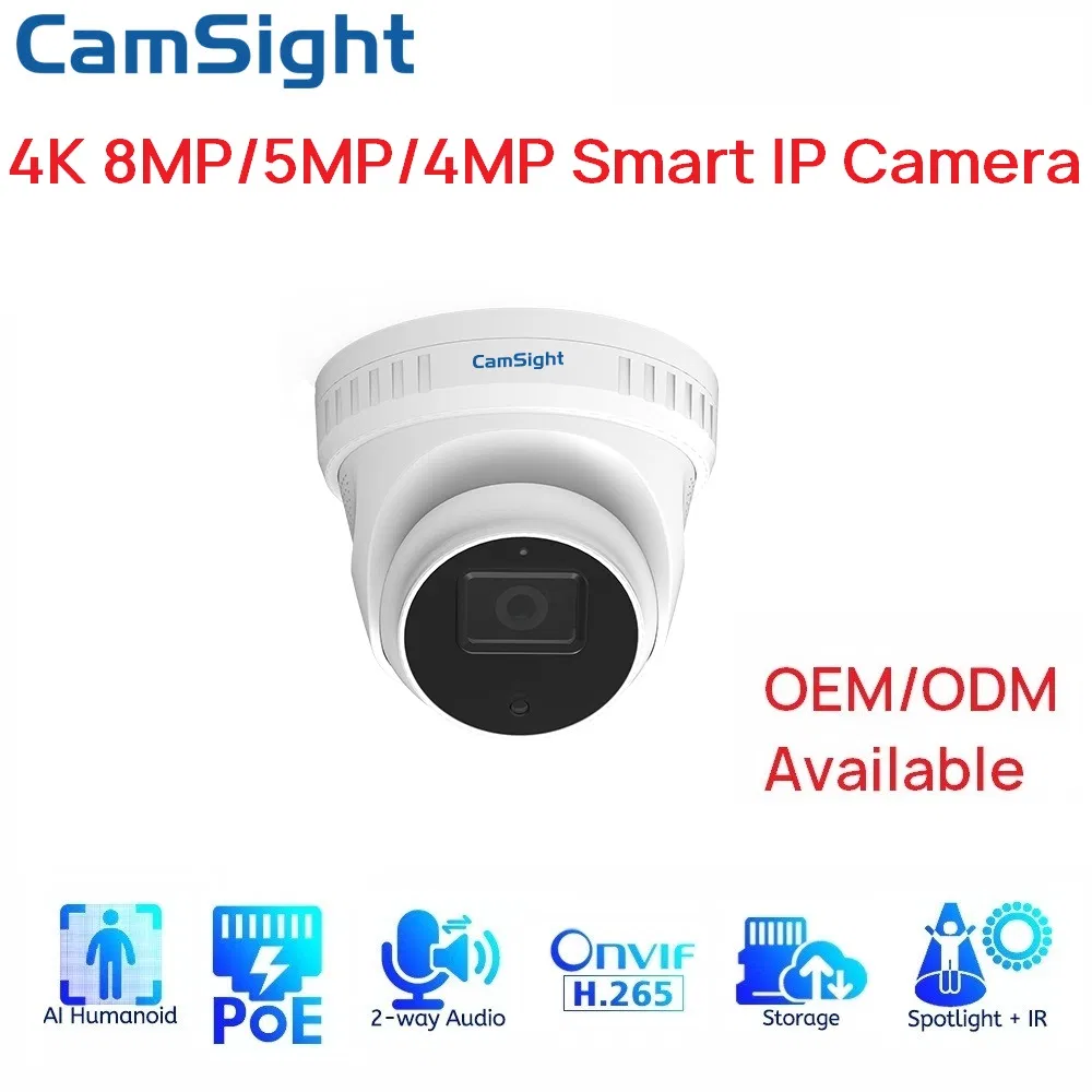 Caméra IP couleur Camsight 4K 8MP 5MP 4MP 2MP Colorvu avec caméra IP à dôme de tourelle de détection humaine intelligente Caméra IP de sécurité réseau Poe CCTV Fournisseur OEM